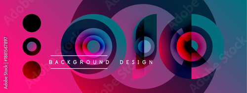 Abstract colorful design features overlapping circles, gradients. Pink, blue, purple hues create dynamic visual effect. Text reads background design.