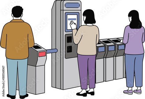 Modern subway ticket gate illustration, people using automated fare collection system, public transportation concept, metro station entry, contactless payment, urban commuting, flat vector design