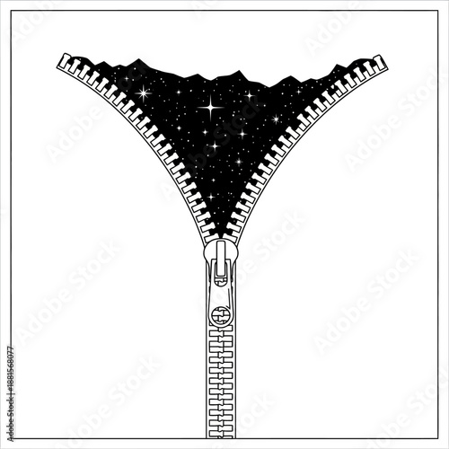 Illustration of a zipper opening to reveal a starry night sky