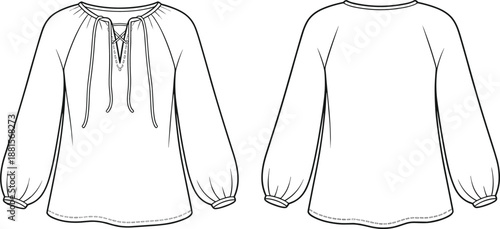 Technical Fashion Illustration of Women's Blouse with Lace-Up Neckline, Gathered Sleeves, Round Neck, Front and Back Views