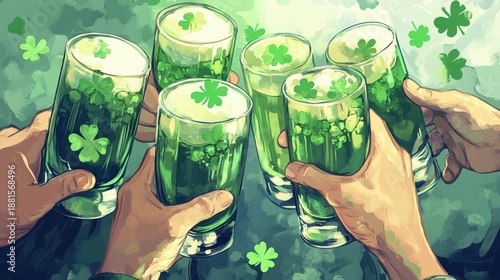 Hands lift glasses of green drinks adorned with shamrocks for a celebratory toast.