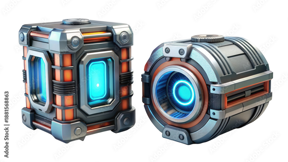 Fototapeta premium Cyberpunk style futuristic metal boxes with glowing blue lights isolated on transparent background