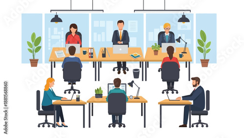 Office Workers at Desks in Modern Workspace.