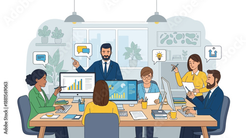 Business Team Meeting with Presentation and Discussion.