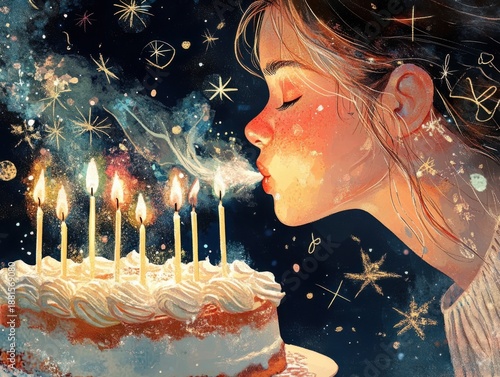 A young person blows out candles on a birthday cake with sparks around them.