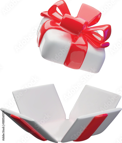 3D white gift box with red ribbon bow unbox, vector realistic festive present surprise romantic event package opened