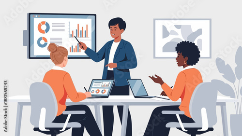 Business Meeting with Presentation and Team Discussion.