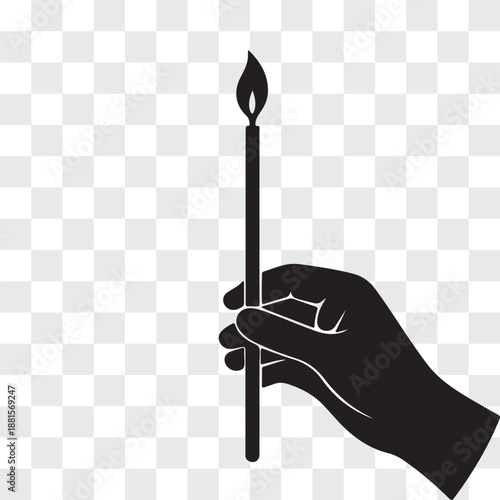 Orthodox Candle Ritual Silhouette, Hand Holding Thin Beeswax Candle, Sacred Ceremony Vector Illustration