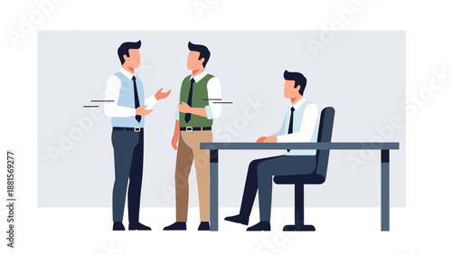 Three Men Discussing Business in Office.