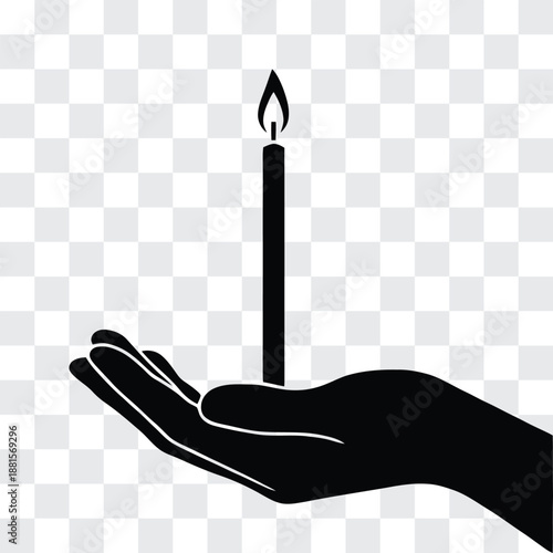 Orthodox Candle Ritual Silhouette, Hand Holding Thin Beeswax Candle, Sacred Ceremony Vector Illustration