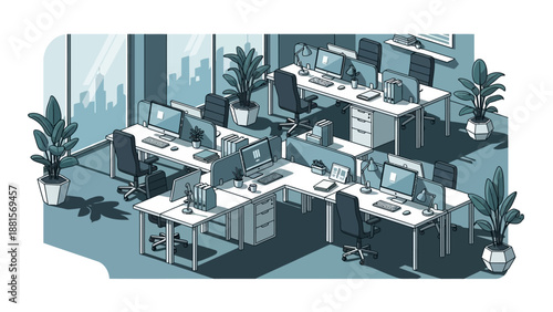 Modern Office Cubicles with Computers and Plants.