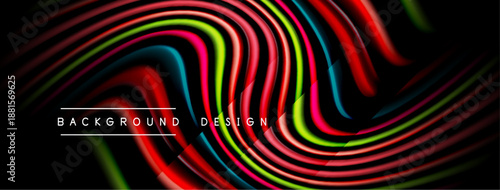 Abstract flowing lines create vibrant colorful waves. Black background emphasizes dynamic design elements, modern aesthetic.