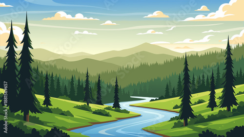 Beautiful valley landscape vector illustration with winding river and pine forest, serene mountain background under a cloudy sky