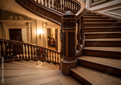 Elaborate wooden spiral staircase ascending in a grand opulent home