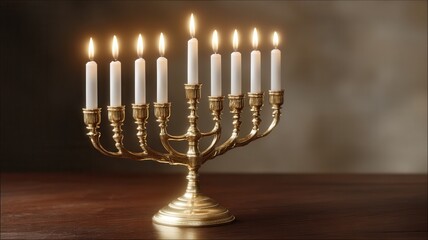 Golden menorah with lit candles, celebrating hanukkah against a blurred background of festive ornaments lights and christmas
