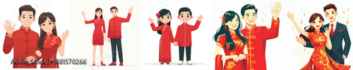 Vector of a couple saying hello. Chinese New Year. Vector, minimalist, illustration, icon set.
