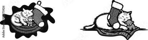 A cozy white cat with closed eyes sleeps peacefully next to a teddy bear in a festive stocking