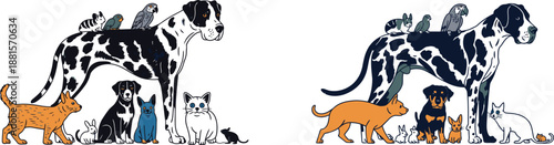 A gentle Great Dane dog surrounded by many happy diverse companion animals and pets