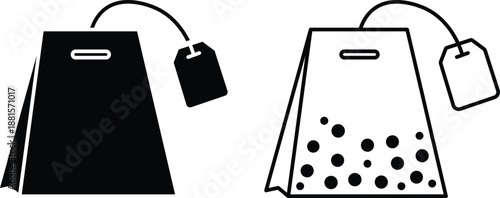 Black and white of tea bags with tags and tea leaves string