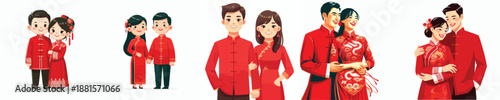 Vector of a couple in a romantic pose. Chinese New Year. Vector, minimalist, illustration, icon set.