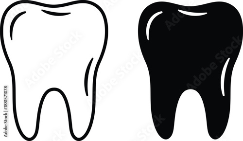 Black and white outline and solid silhouette of a human tooth dental