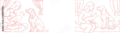 A relaxed woman gently interacts with her loyal domestic cat and dog in a calm home environment