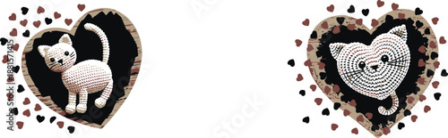 Adorable crocheted cat stands inside a textured heart frame surrounded by many tiny scattered hearts