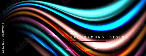Abstract flowing lines create vibrant wave pattern. Dark background emphasizes colorful light effects, modern design element.