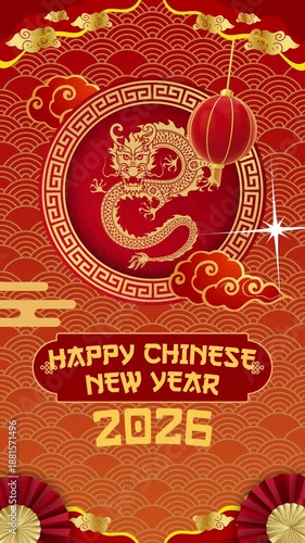 Animated Chinese New Year 2026 motion graphics flyer featuring a majestic golden dragon emblem, traditional red and gold color scheme, hanging lanterns, cloud ornaments, and classic Asian wave pattern