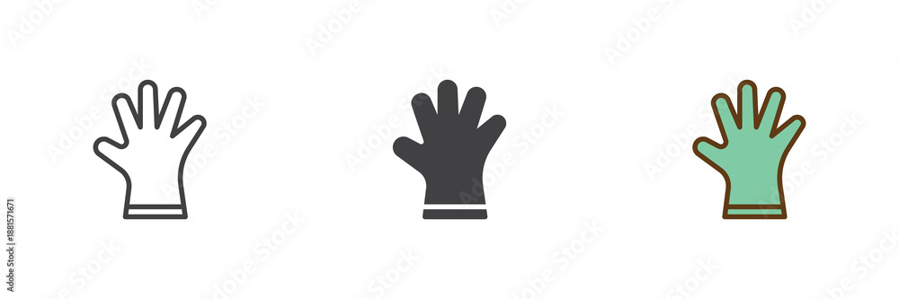 Obraz premium Warm glove icon set in line, solid and filled outline colorful style. Autumn clothing glove icon, color vector sign and symbol. Seasonal icon pack for cold weather design.