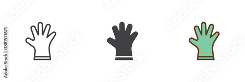 Warm glove icon set in line, solid and filled outline colorful style. Autumn clothing glove icon, color vector sign and symbol. Seasonal icon pack for cold weather design.
