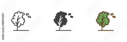 Windy tree with falling leaves icon set in line, solid and filled outline colorful style. Autumn wind icon, color vector sign and symbol.
