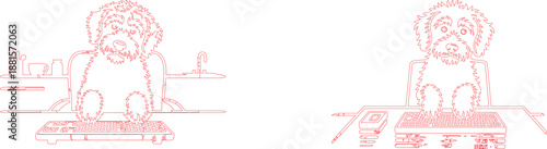 Fluffy red outline dog illustration sitting at a desk with its paws on a computer keyboard