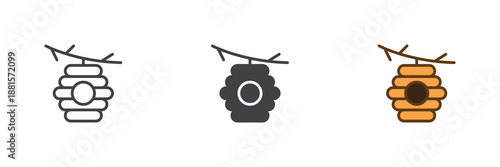 Bee hive on branch icon set in line, solid and filled outline colorful style. Honey hive icon, color vector sign and symbol.