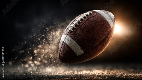 American football ball in motion with glowing particles and dramatic lighting