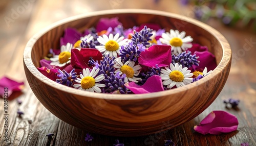 Wooden Bowl Filled with Colorful Flowers and Petals.