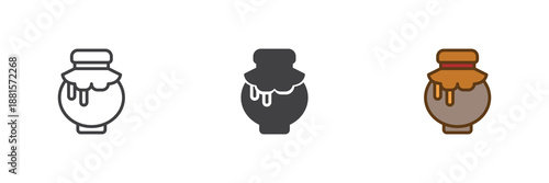 Honey jar with drop icon set in line, solid and filled outline colorful style. Sweet honey icon, color vector sign and symbol.