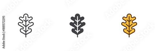 Oak leaf icon set in line, solid and filled outline colorful style. Autumn oak foliage icon, color vector sign and symbol.