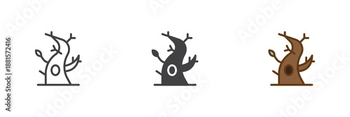 Dry tree with hollow icon set in line, solid and filled outline colorful style. Bare autumn tree icon, color vector sign and symbol. Nature icon pack for seasonal design.