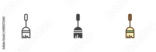 Sweeping broom icon set in line, solid and filled outline colorful style. Autumn cleaning broom icon, color vector sign and symbol. Household icon pack.