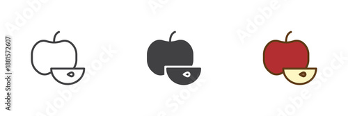 Apple with slice icon set in line, solid and filled outline colorful style. Autumn fruit apple icon, color vector sign and symbol.