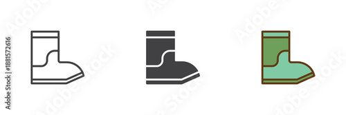 Rain boots icon set in line, solid and filled outline colorful style. Autumn waterproof boots icon, color vector sign and symbol.