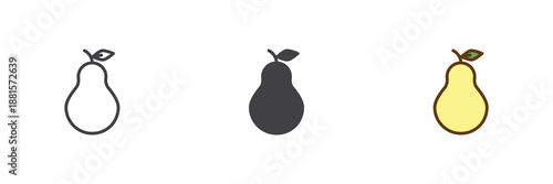 Fresh pear with leaf icon set in line, solid and filled outline colorful style. Autumn fruit pear icon, color vector sign and symbol.
