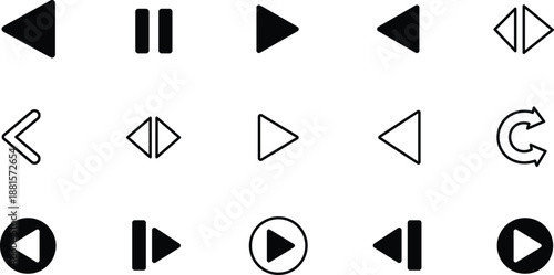 Collection of black and white media player including play pause rewind fast forward and repeat