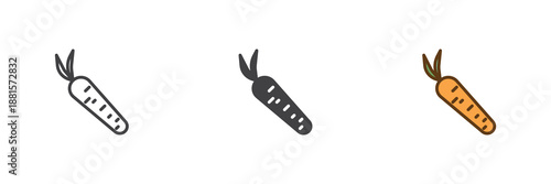 Carrot with leaves icon set in line, solid and filled outline colorful style. Harvest carrot icon, color vector sign and symbol.