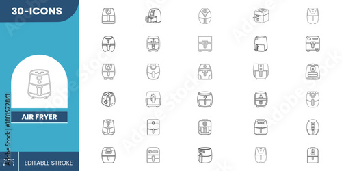 Air Fryer Icon Set Editable – Kitchen Appliance Vector Icons for Oil-Free Cooking, Healthy Meals, Home & Commercial Use.
