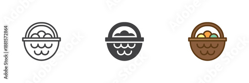 Basket with eggs icon set in line, solid and filled outline colorful style. Farm eggs basket icon, color vector sign and symbol.
