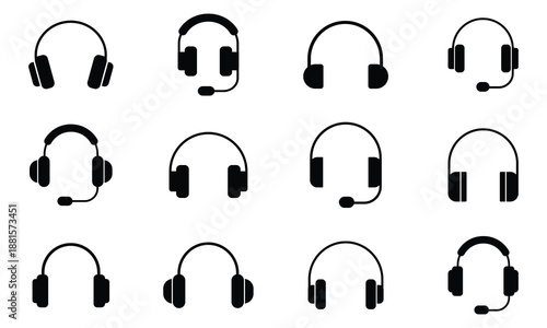 Headphones icons set. Black headphones icon collection.  Customer service. Customer support. . Set of music headphones icons. headphone with microphone.  Headphone sign and symbol.