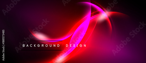 Abstract background features vibrant red, pink curves. Dark space contrasts bright lines, creating dynamic visual effect. Text reads background design.