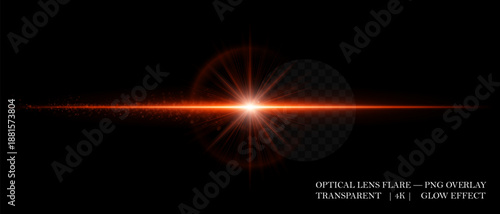 Horizontal optical lens flare with glowing dust and luminous beam. Great for cinematic overlays, highlight accents, and futuristic design compositions.